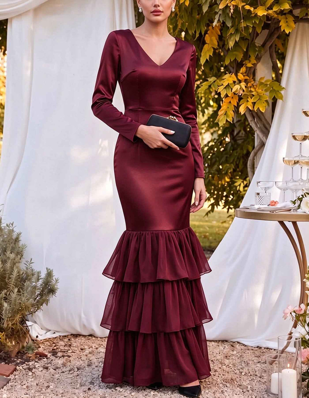Vestido largo de satén con cuello en V, manga larga, entallado y volantes escalonados