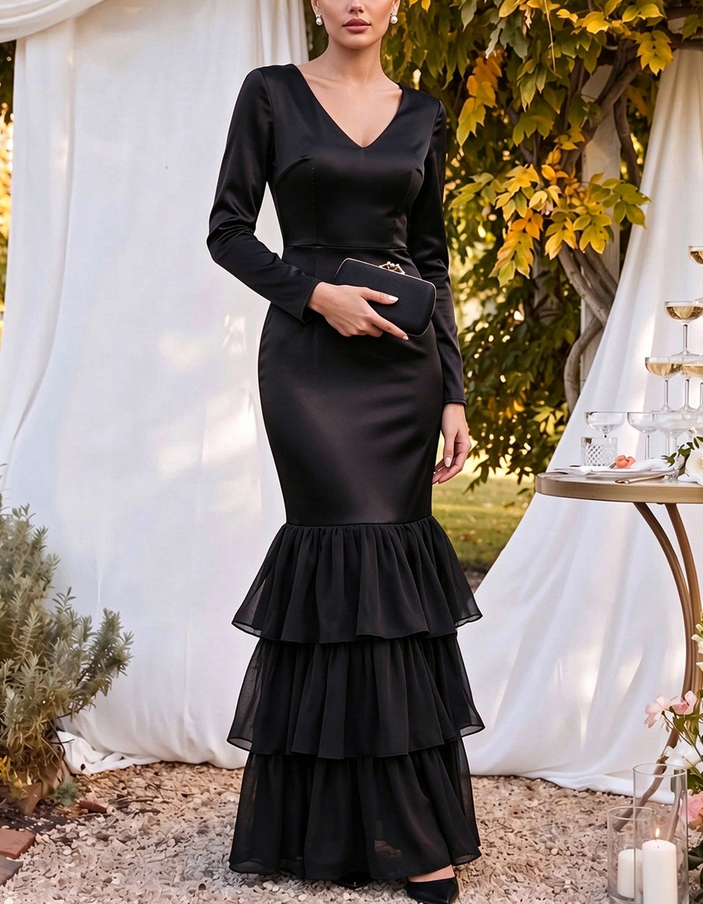 Vestido largo de satén con cuello en V, manga larga, entallado y volantes escalonados