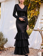 Vestido largo de satén con cuello en V, manga larga, entallado y volantes escalonados