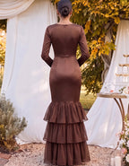 Vestido largo de satén con cuello en V, manga larga, entallado y volantes escalonados
