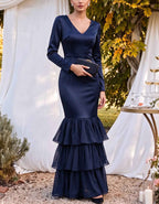 Vestido largo de satén con cuello en V, manga larga, entallado y volantes escalonados