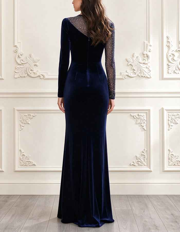 Vestido largo azul oscuro de malla con lentejuelas y terciopelo, cuello redondo