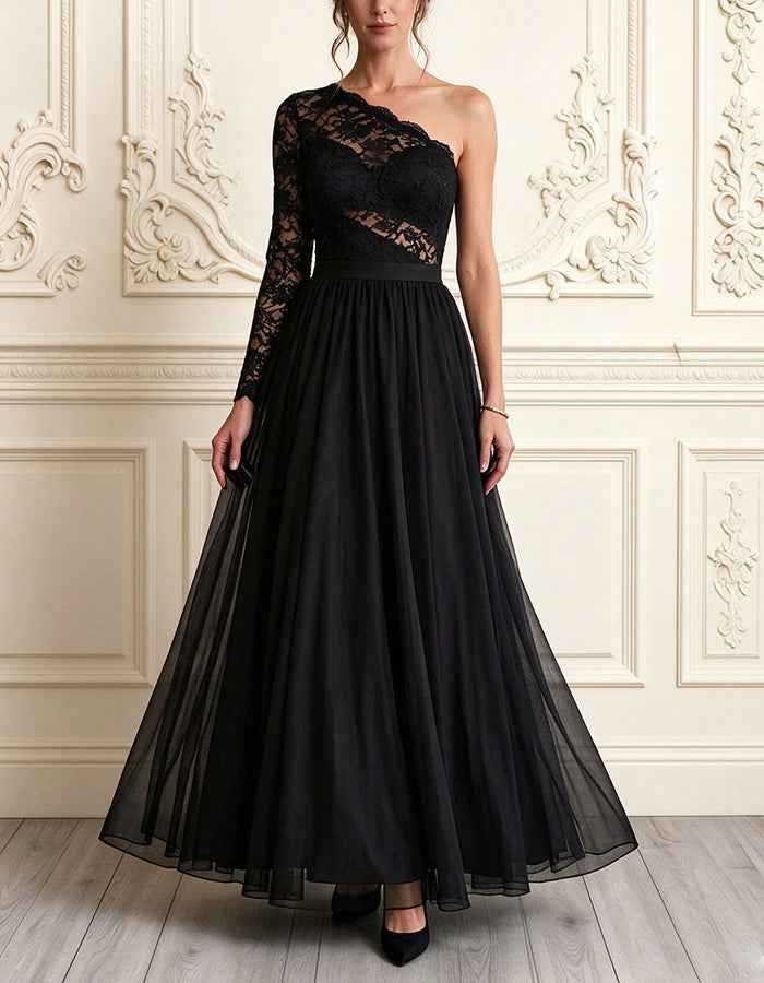 Vestido largo asimétrico de encaje y tul color café con un hombro