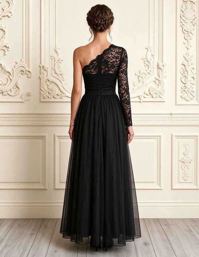 Vestido largo asimétrico de encaje y tul color café con un hombro