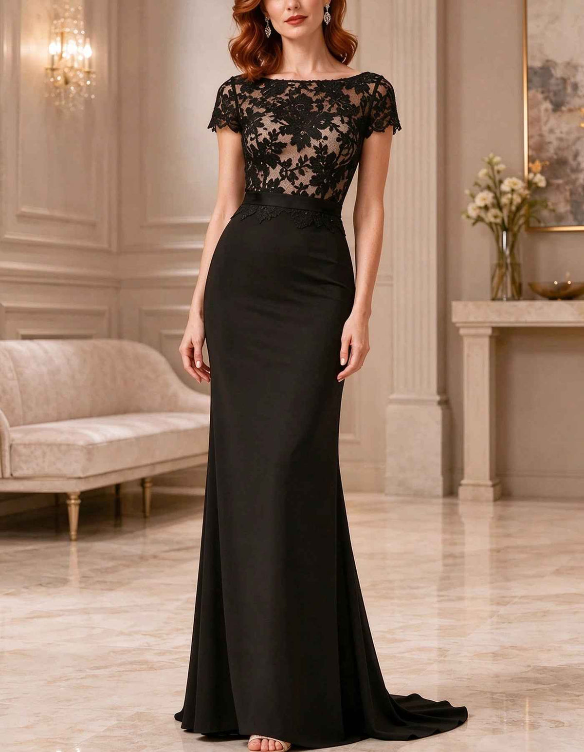 Vestido largo negro de cuello barco con mangas cortas de encaje y cuerpo ajustado
