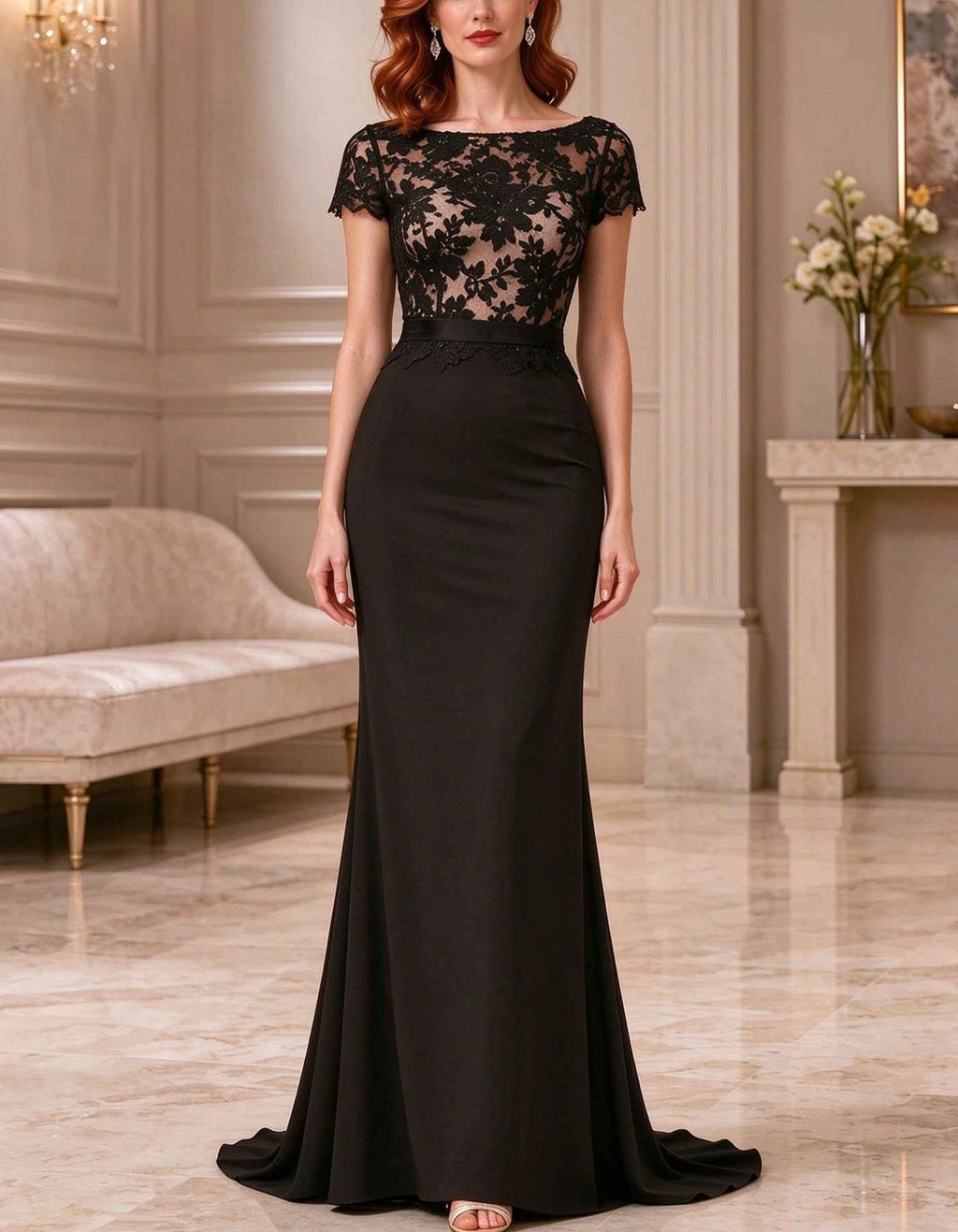 Vestido largo negro de cuello barco con mangas cortas de encaje y cuerpo ajustado