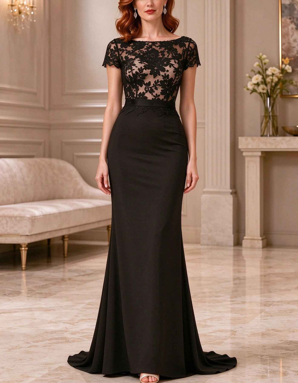 Vestido largo negro de cuello barco con mangas cortas de encaje y cuerpo ajustado