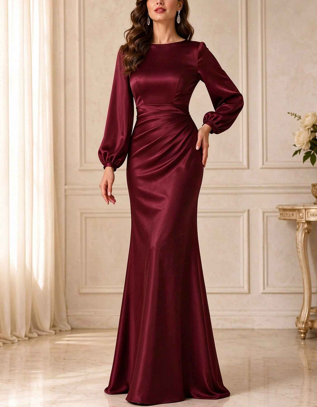 Vestido largo de satén con cuello barco, manga larga abullonada y cintura fruncida
