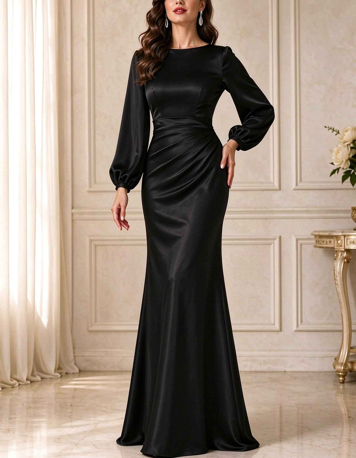 Vestido largo de satén con cuello barco, manga larga abullonada y cintura fruncida