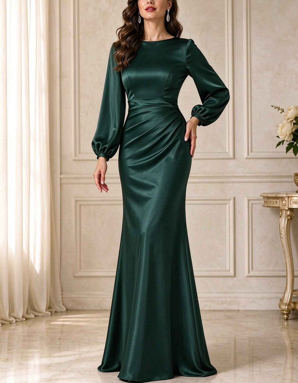 Vestido largo de satén con cuello barco, manga larga abullonada y cintura fruncida