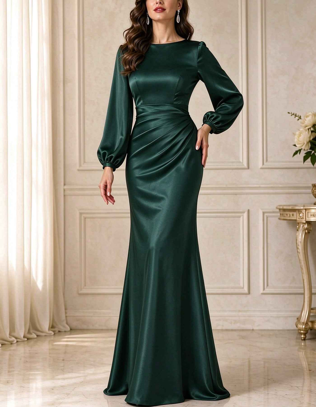 Vestido largo de satén con cuello barco, manga larga abullonada y cintura fruncida