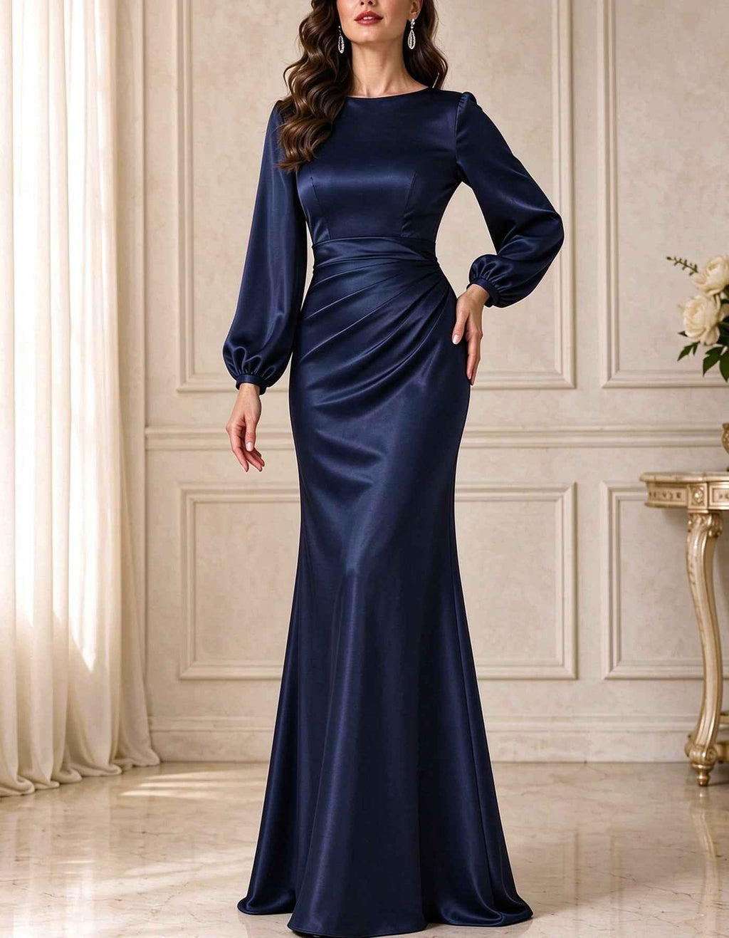 Vestido largo de satén con cuello barco, manga larga abullonada y cintura fruncida