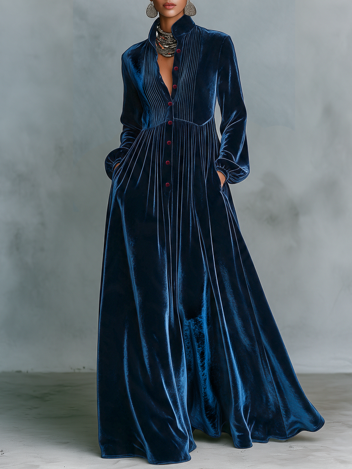 Vestido largo vintage de terciopelo con botonadura
