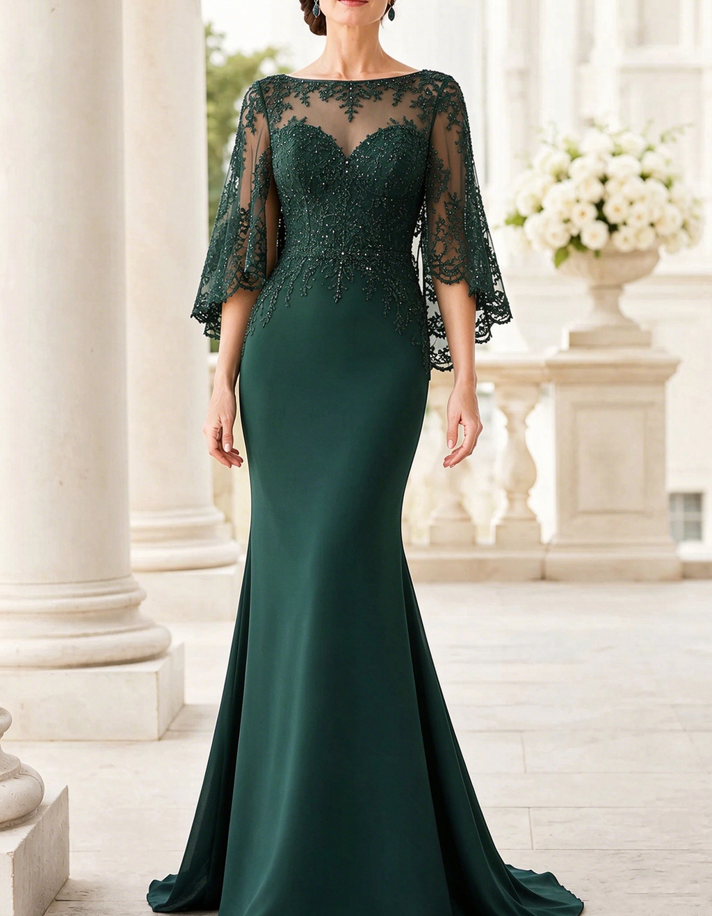 Vestido largo de encaje con cuello barco y mangas tipo capa