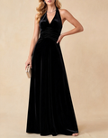 Vestido largo de terciopelo halter con escote pico profundo y cintura fruncida