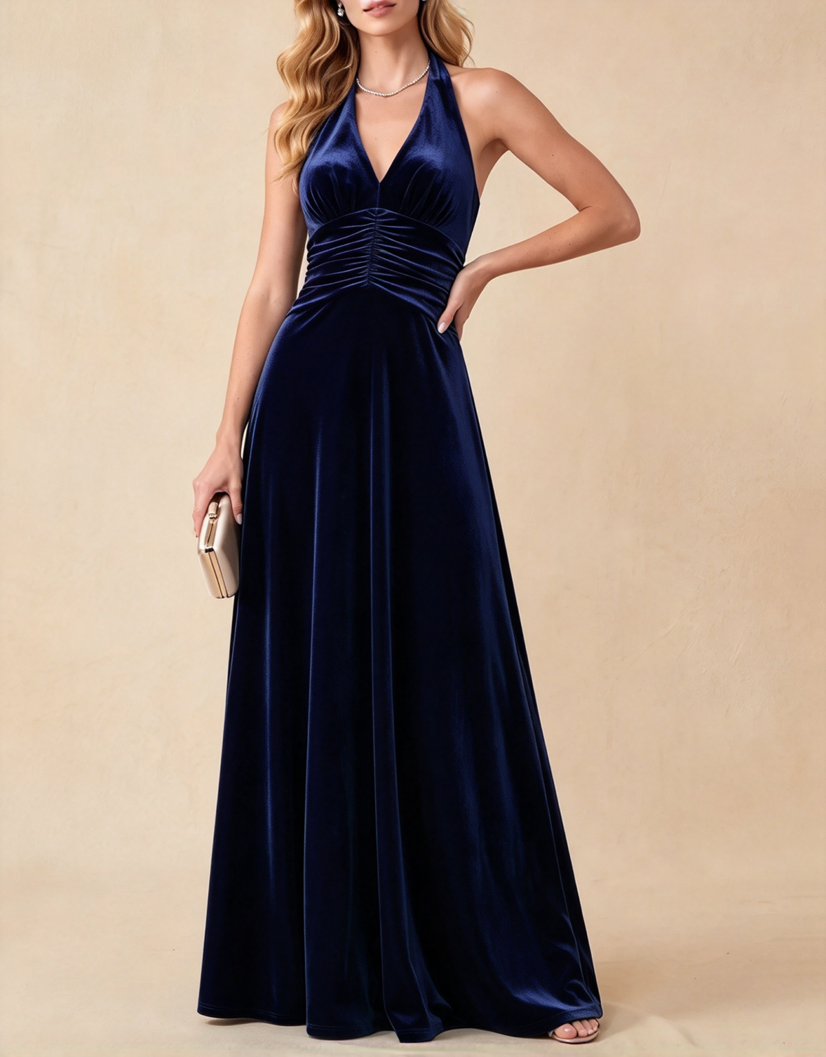 Vestido largo de terciopelo halter con escote pico profundo y cintura fruncida