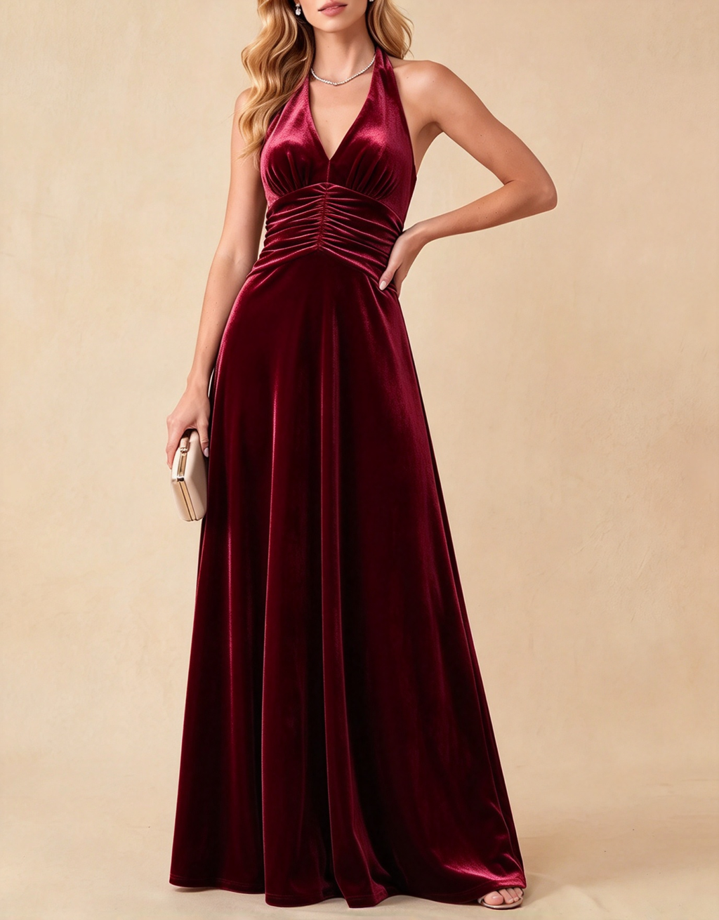 Vestido largo de terciopelo halter con escote pico profundo y cintura fruncida