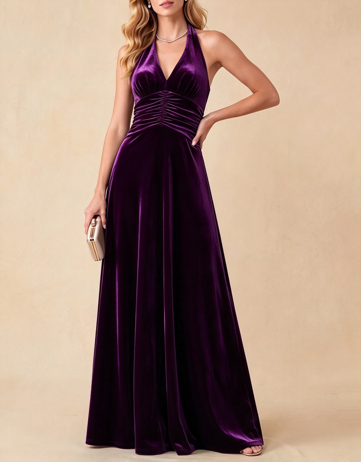 Vestido largo de terciopelo halter con escote pico profundo y cintura fruncida