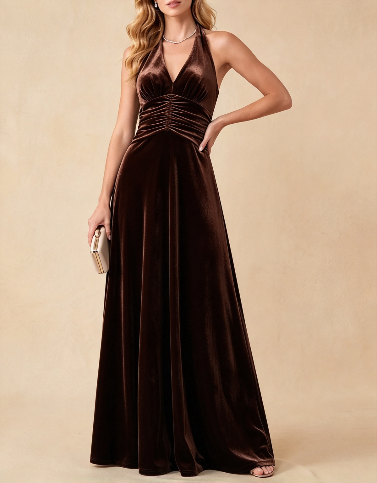 Vestido largo de terciopelo halter con escote pico profundo y cintura fruncida
