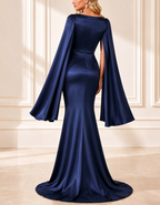 Vestido largo de satén con cuello barco y mangas capa de lujo