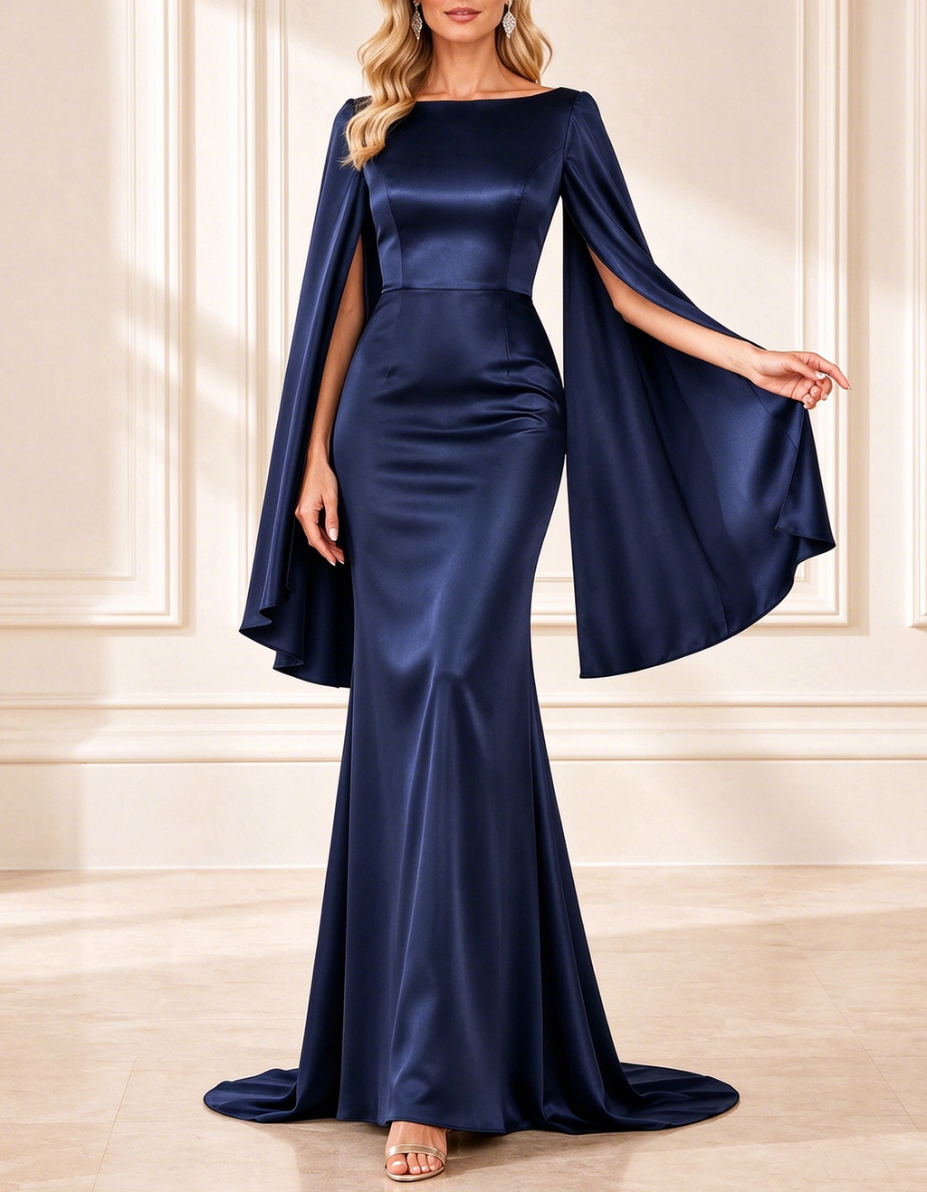 Vestido largo de satén con cuello barco y mangas capa de lujo