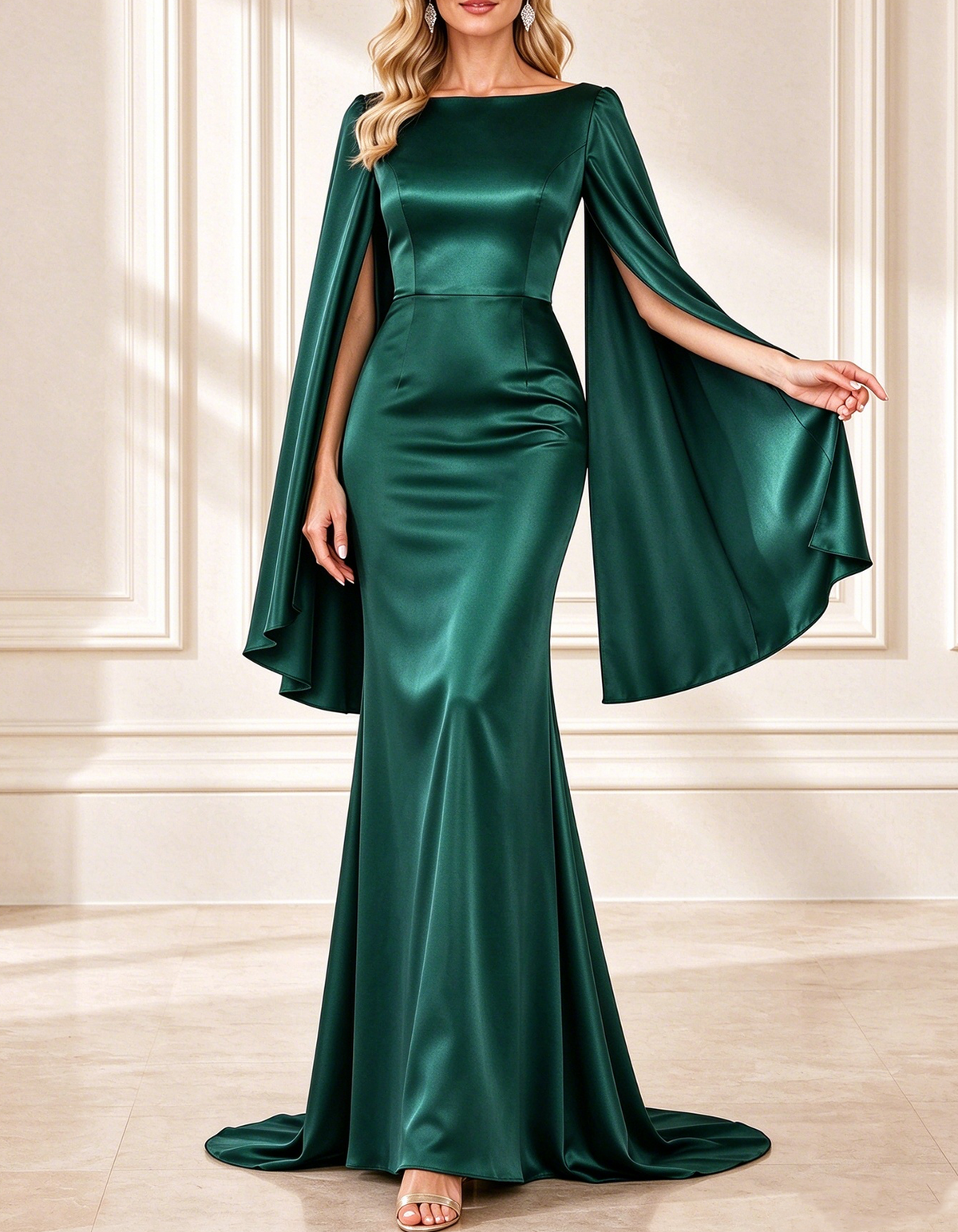 Vestido largo de satén con cuello barco y mangas capa de lujo