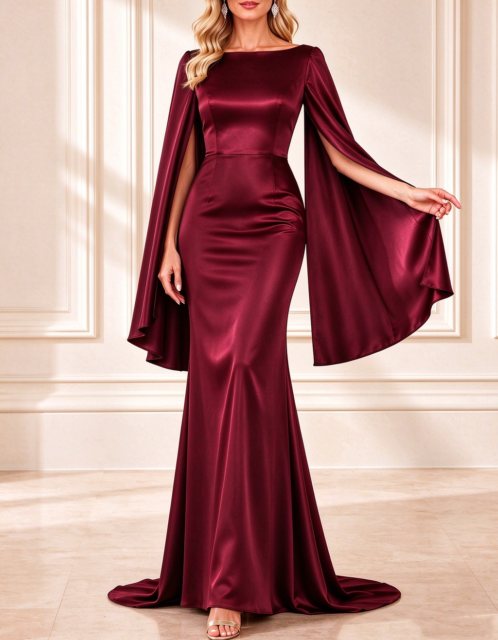 Vestido largo de satén con cuello barco y mangas capa de lujo