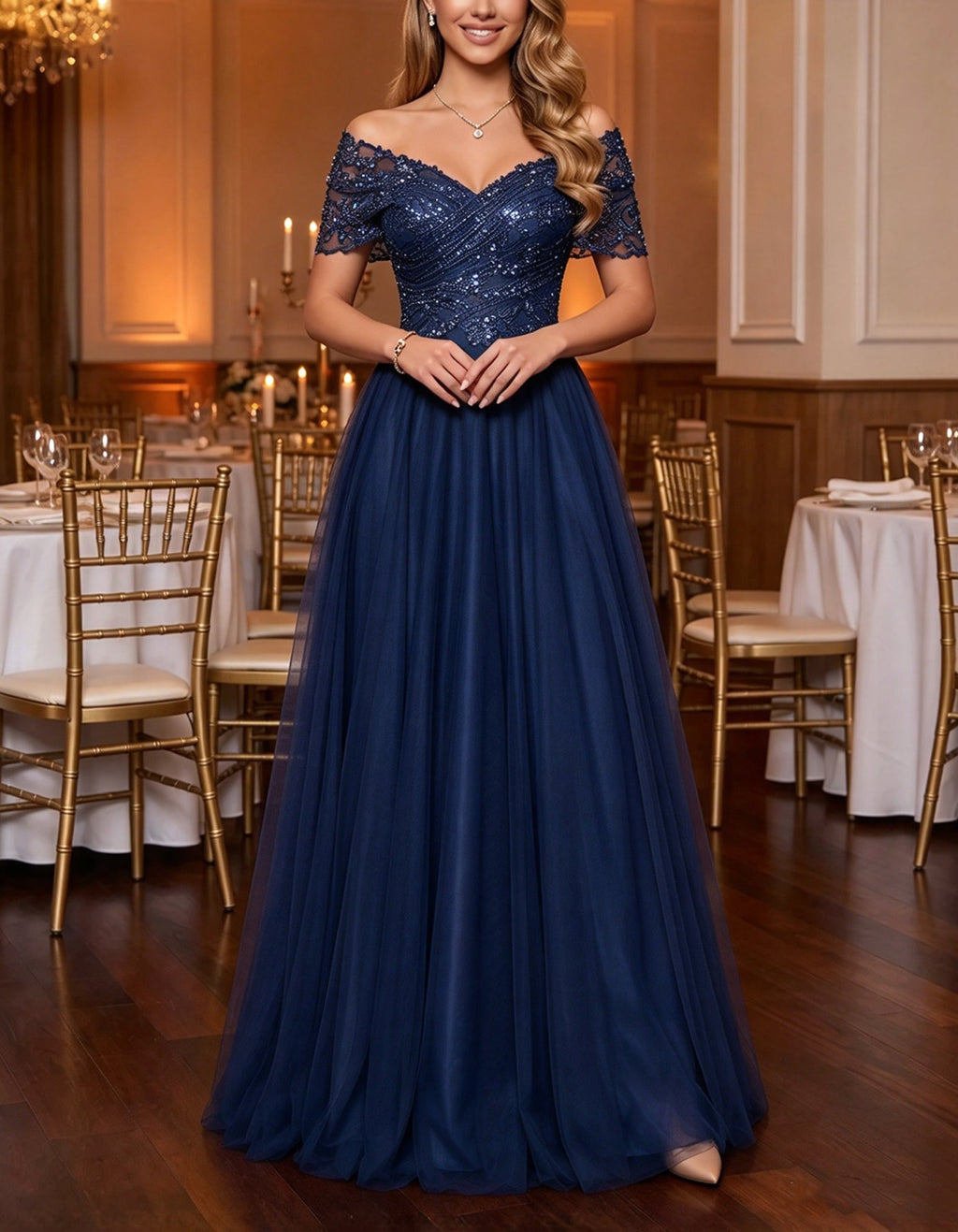 Vestido largo champán de hombros descubiertos con encaje y tul