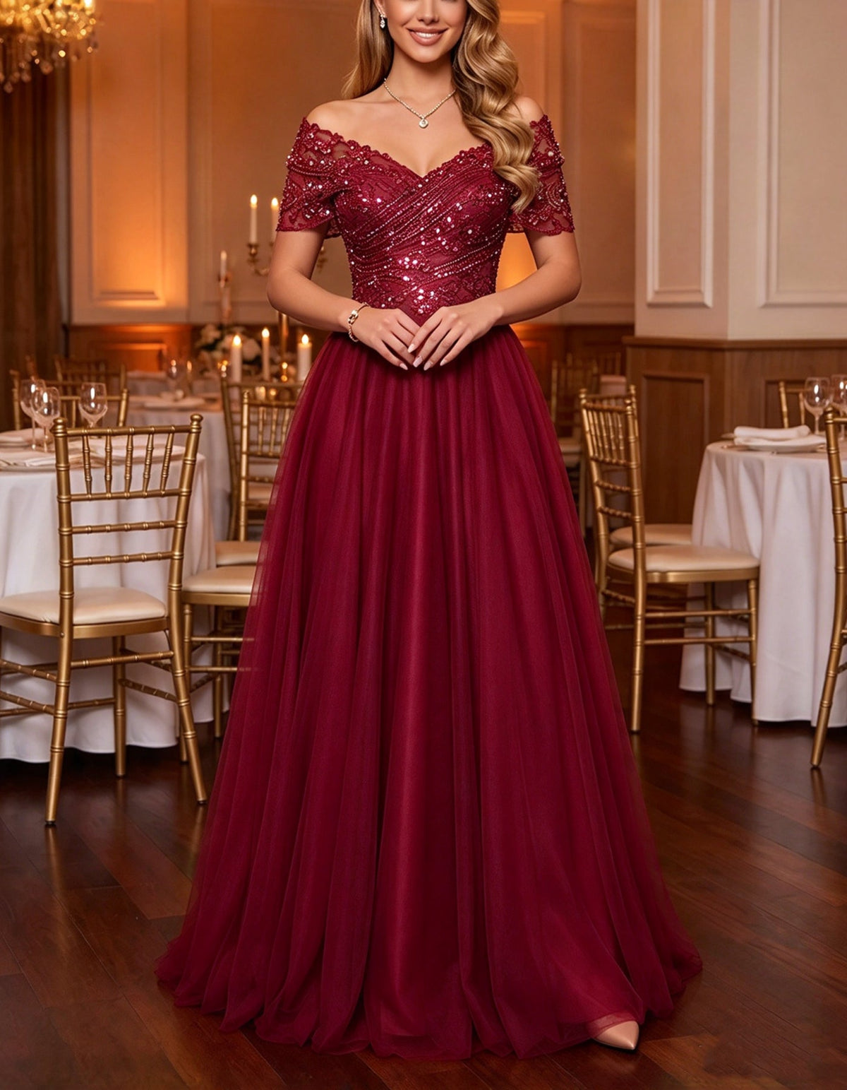 Vestido largo champán de hombros descubiertos con encaje y tul