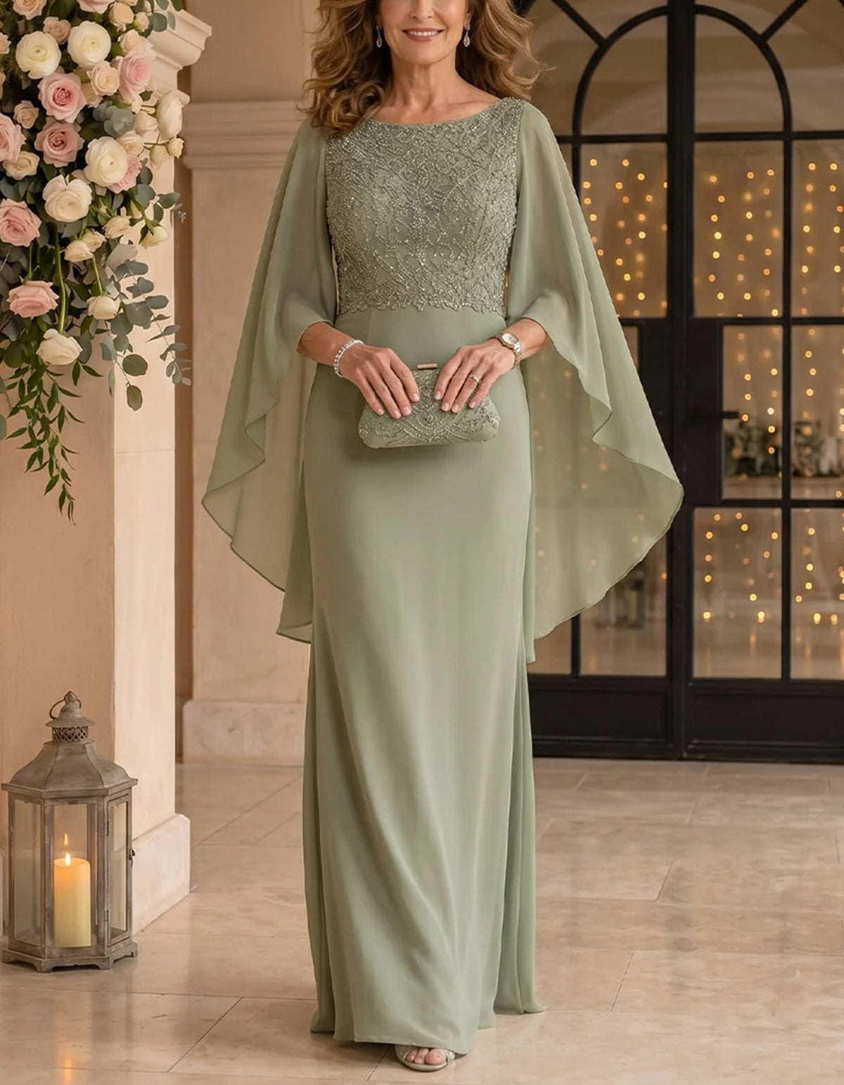 Vestido largo verde salvia de gasa con cuello barco, encaje y mangas capa