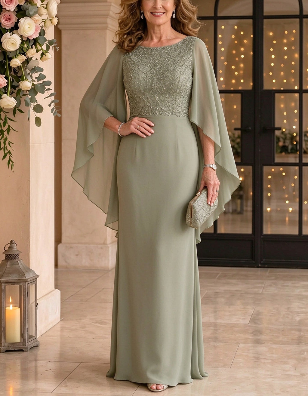 Vestido largo verde salvia de gasa con cuello barco, encaje y mangas capa