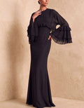 Vestido largo de gasa con cuello redondo, volantes escalonados y mangas de campana