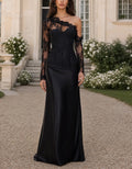 Vestido largo de manga larga liso con paneles de satén y encaje