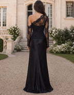 Vestido largo de manga larga liso con paneles de satén y encaje
