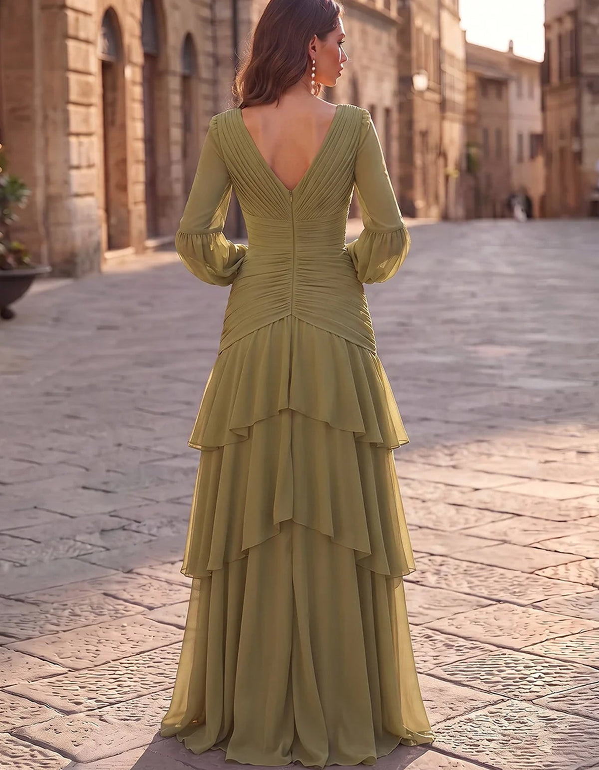 Vestido largo de gasa con cuello en V, manga larga abullonada, rosa 3D y volantes multicapa