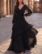 Vestido largo de gasa con cuello en V, manga larga abullonada, rosa 3D y volantes multicapa