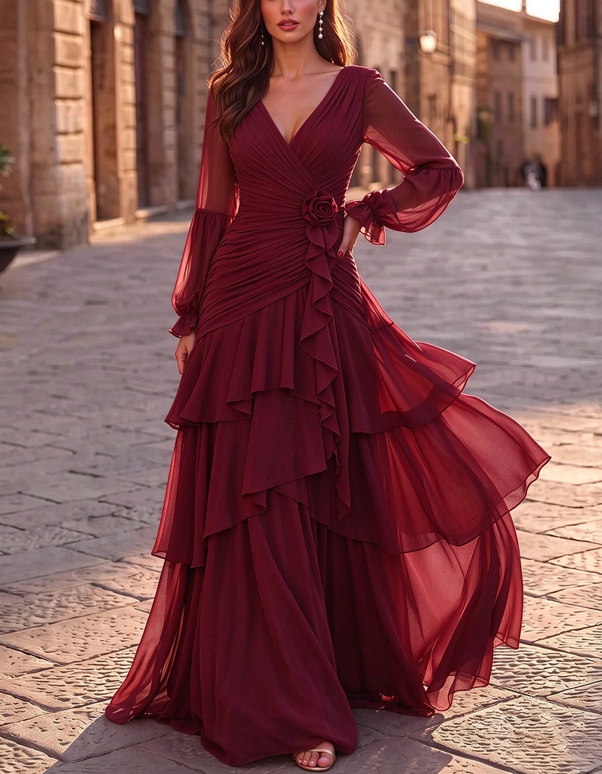Vestido largo de gasa con cuello en V, manga larga abullonada, rosa 3D y volantes multicapa