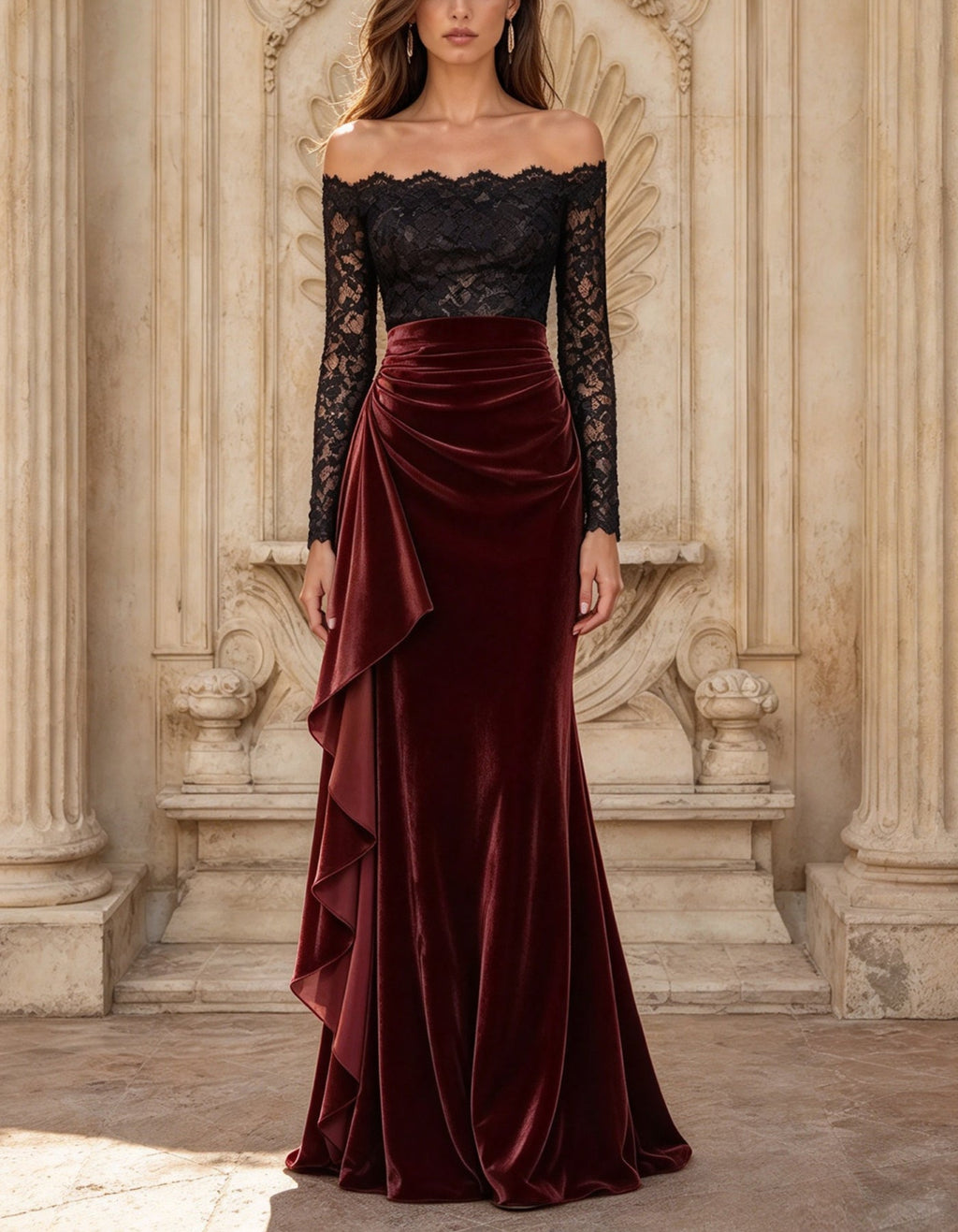 Vestido largo de encaje negro combinado con terciopelo burdeos