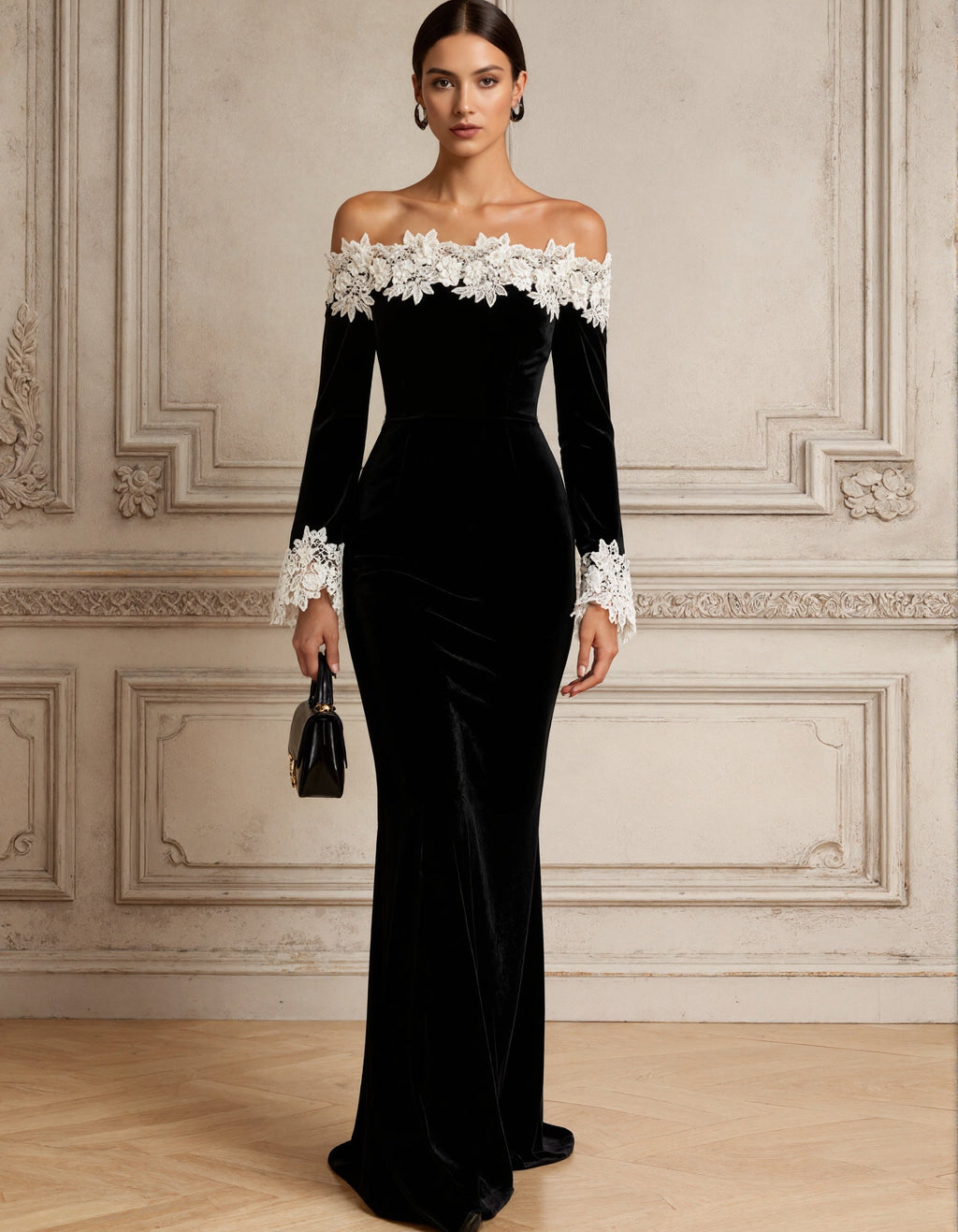 Vestido largo negro de terciopelo con hombros descubiertos, corte sirena y encaje 3D