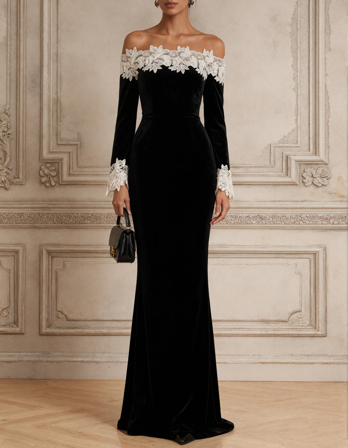 Vestido largo negro de terciopelo con hombros descubiertos, corte sirena y encaje 3D