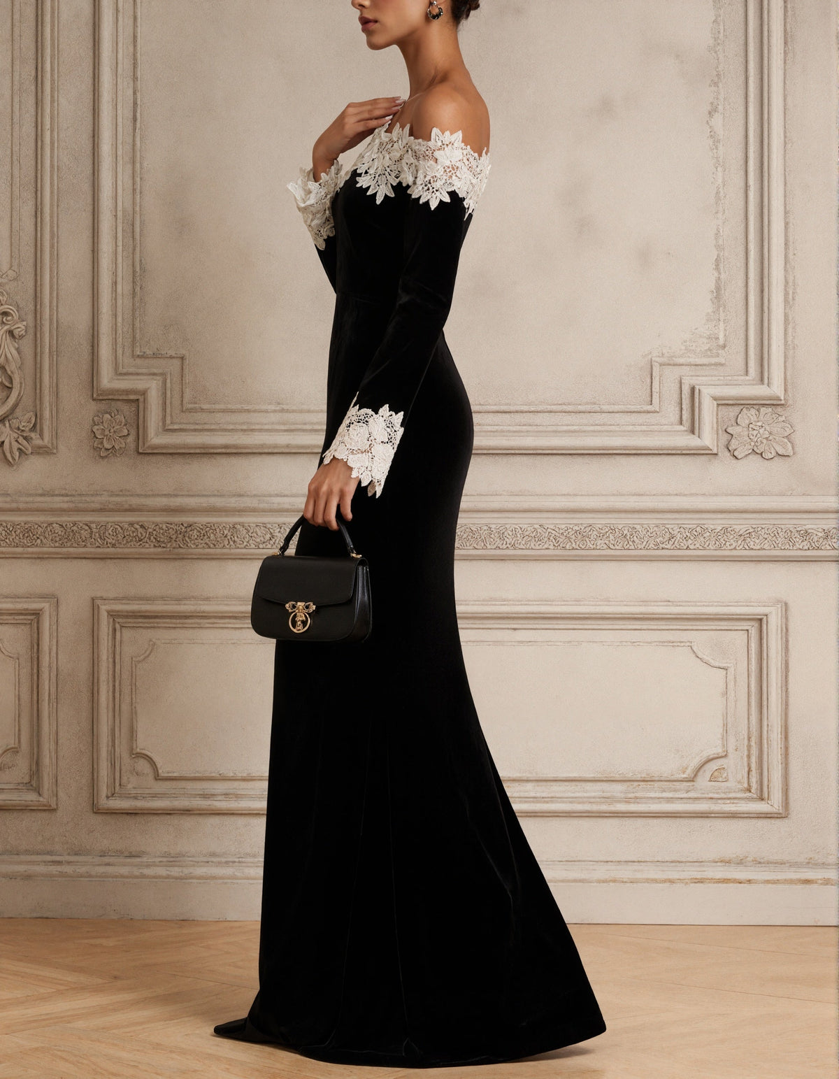 Vestido largo negro de terciopelo con hombros descubiertos, corte sirena y encaje 3D