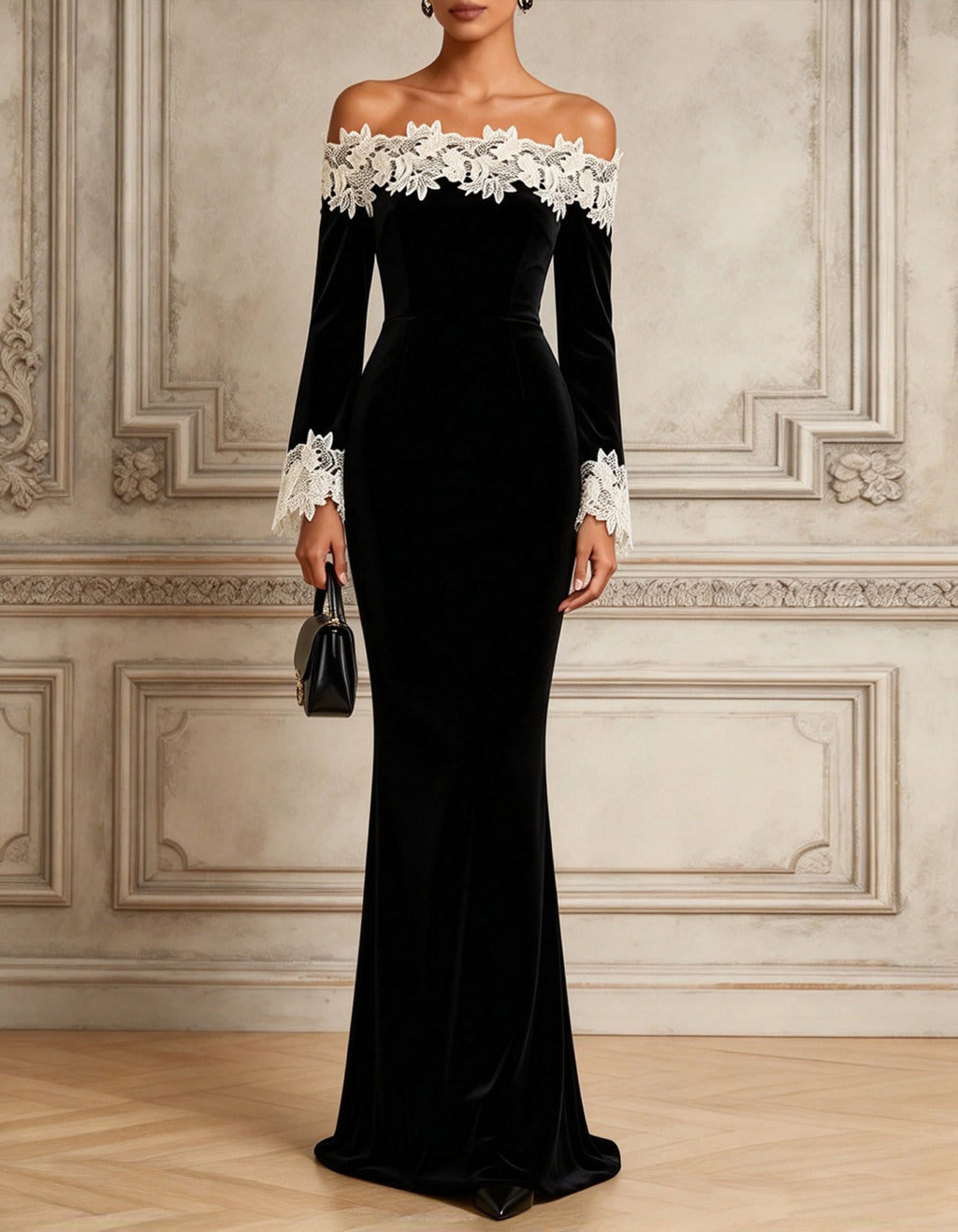Vestido largo negro de terciopelo con hombros descubiertos, corte sirena y encaje 3D
