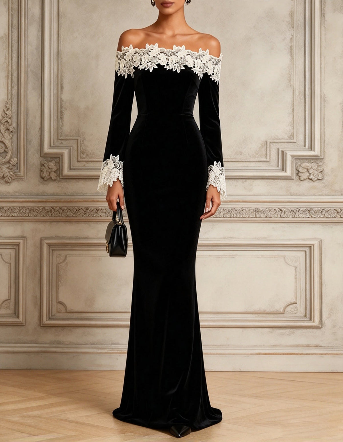 Vestido largo negro de terciopelo con hombros descubiertos, corte sirena y encaje 3D