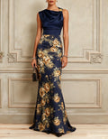 Vestido largo de satén azul oscuro estampado, estilo sirena
