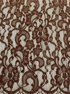 Vestido largo de encaje floral marrón, cuello redondo y manga murciélago