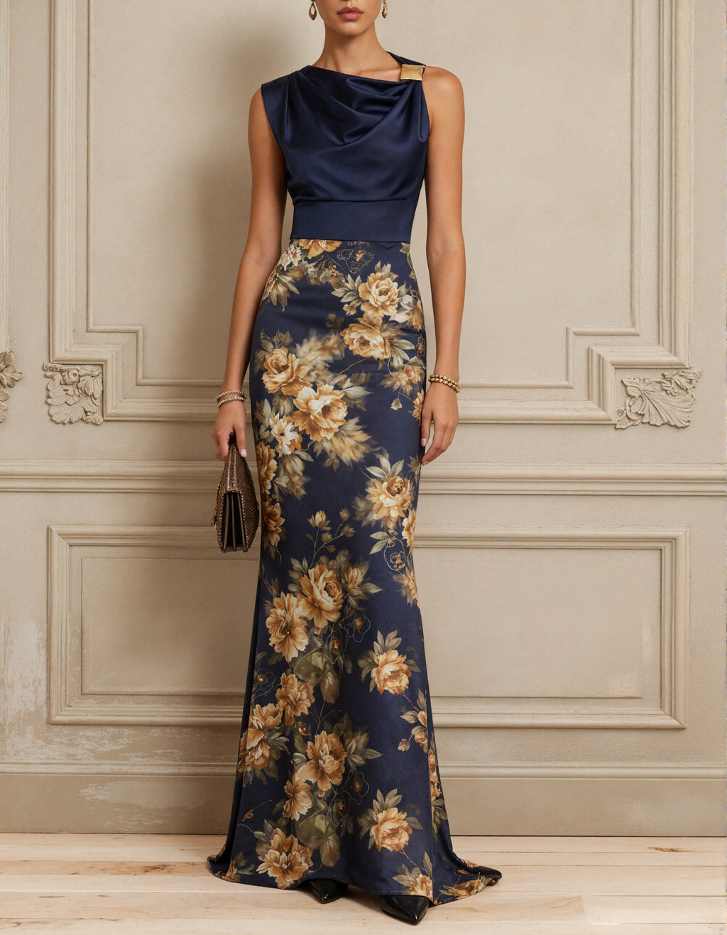 Vestido largo de satén azul oscuro estampado, estilo sirena