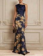 Vestido largo de satén azul oscuro estampado, estilo sirena