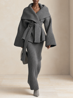 Conjunto de chaqueta de punto con cuello chal y cinturón y falda larga