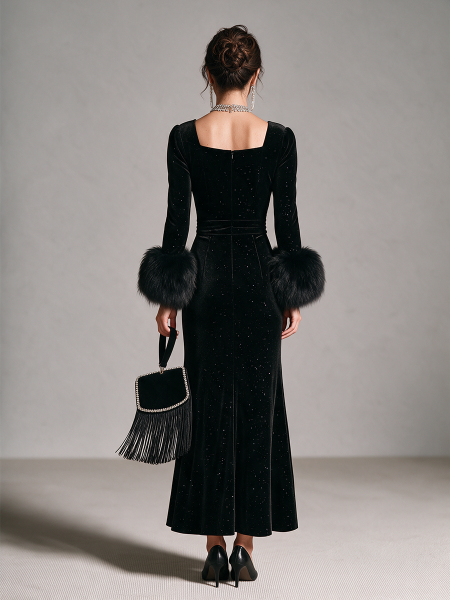 Vestido largo sirena de terciopelo con escote cuadrado y puños de pelo