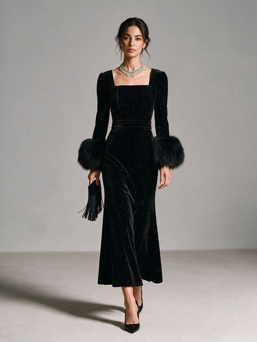 Vestido largo sirena de terciopelo con escote cuadrado y puños de pelo